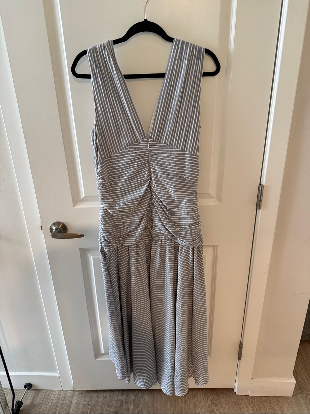 White House Black Market Gray and White Striped V-Neck Midi Dress